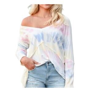 Neely White Pastel Tie Dye Ribbed Long Sleeve V-Neck Top Small
